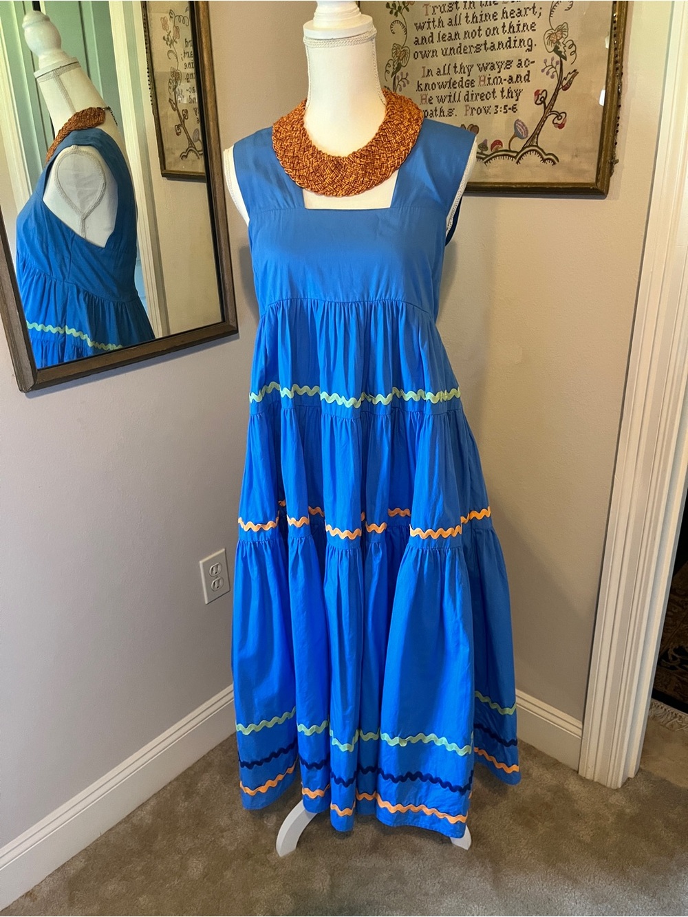 Anthropologie Royal Blue Tiered Maxi Dress with Multicolor Rickrack
